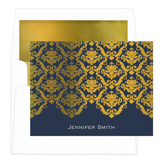 Navy Moroccan Gold Foil Lace Foldover Note Cards with Lined Envelopes